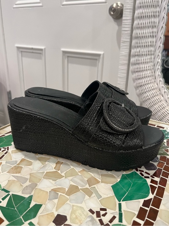 a new day Shoes - Black Platform Slide Wedges with Decorative Buckle